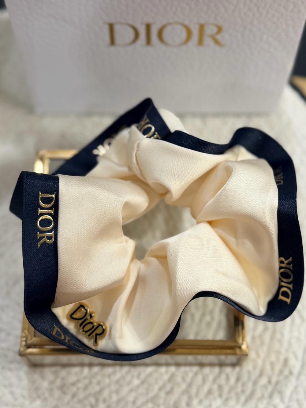 Cream Satin Beaute Scrunchie Navy Logo Hair Tie | NEW